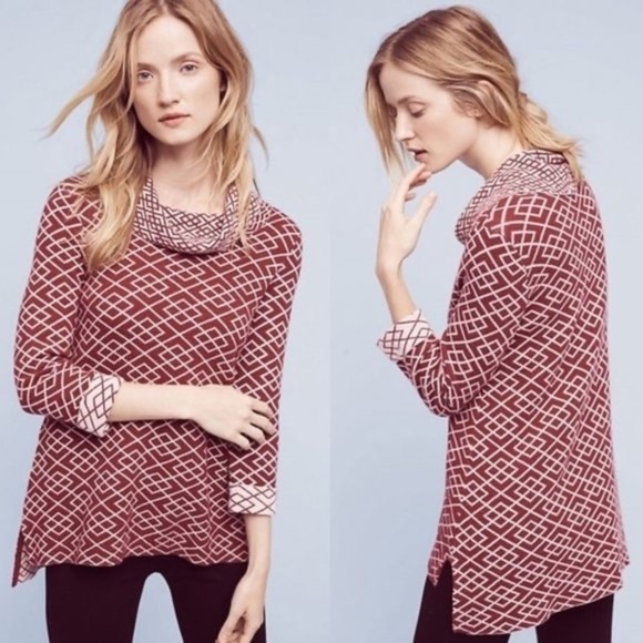 Anthropologie MOTH Galena Cowl Neck Sweater Maroon Pink Jacquard Geometric Small - Picture 11 of 14